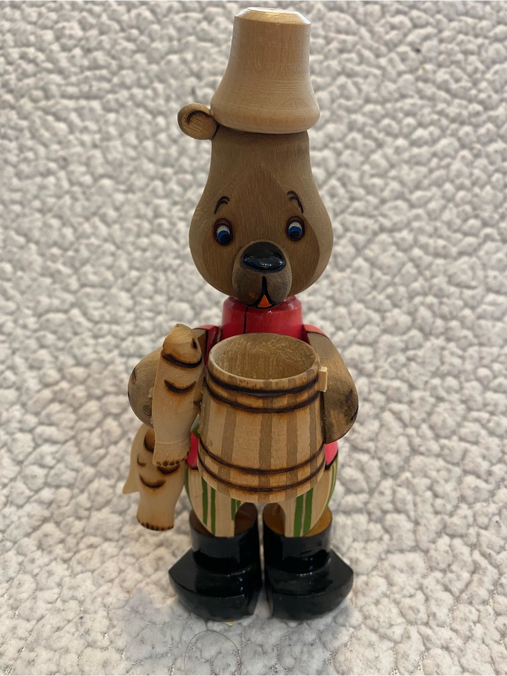 Vintage Soviet Wooden Figurine Teddy Bear Fish Hand Painted.